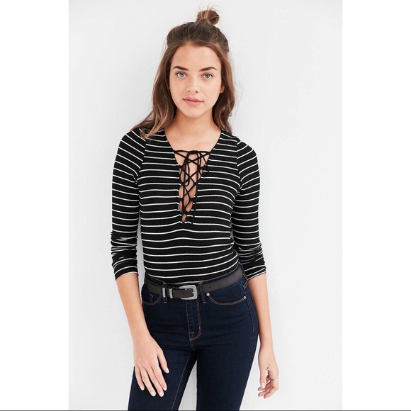 Urban Outfitters Tops - UO Project Social T Plunge Stripe Lace Up Tee